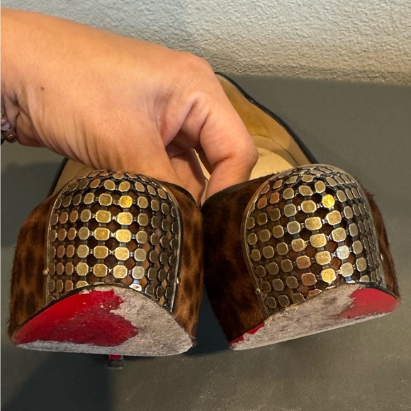 Christian Louboutin Black Maggie 140mm Leopard Pony Hair Heels Pumps 37.5 Gold - Picture 6 of 10